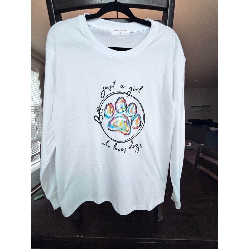NWOT Make‎ a Dog Smile White Long Sleeve Dog Lover Tee Shirt Medium Paw Print - Picture 2 of 5